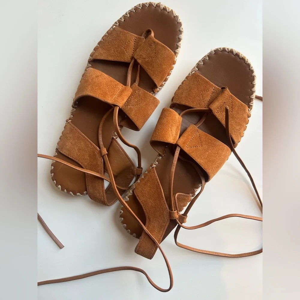 Vince. Tibor brown suede leather wrap ankle tie espadrille flat sandals 8